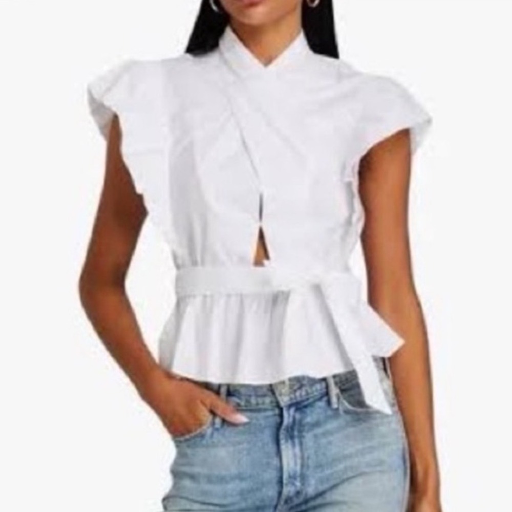 NWT Derek Lam 10 Crosby Sleeveless Top Womens White Ruffle Peplum Surplice 4